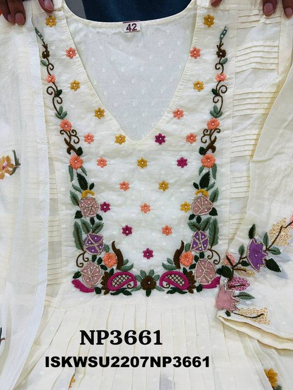 Self Weaved Malmal Cotton A-Line Kurti With Cotton Pant And Hand Printed Chiffon Dupatta-ISKWSU2207NP3661