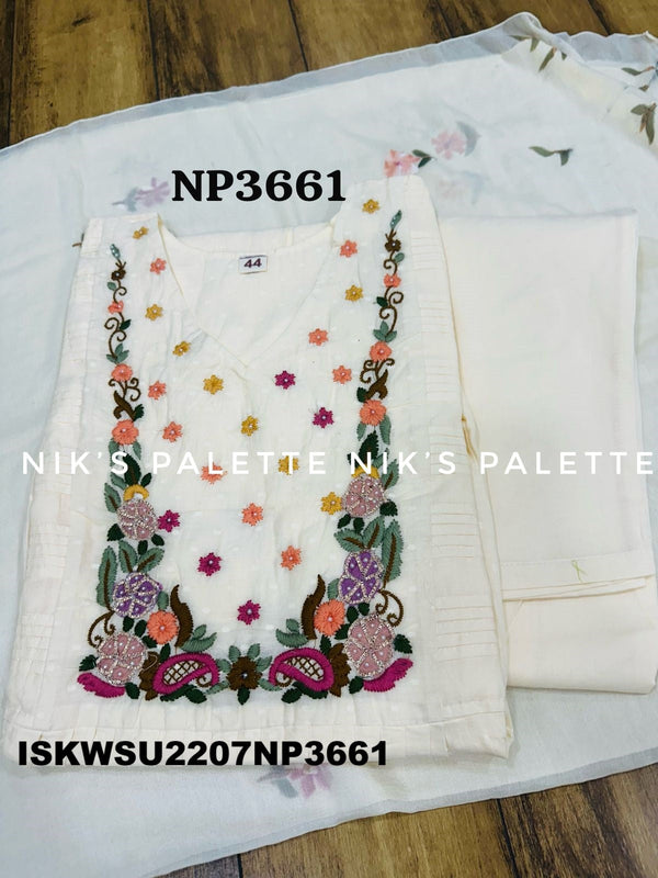 Self Weaved Malmal Cotton A-Line Kurti With Cotton Pant And Hand Printed Chiffon Dupatta-ISKWSU2207NP3661