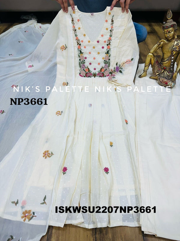 Self Weaved Malmal Cotton A-Line Kurti With Cotton Pant And Hand Printed Chiffon Dupatta-ISKWSU2207NP3661