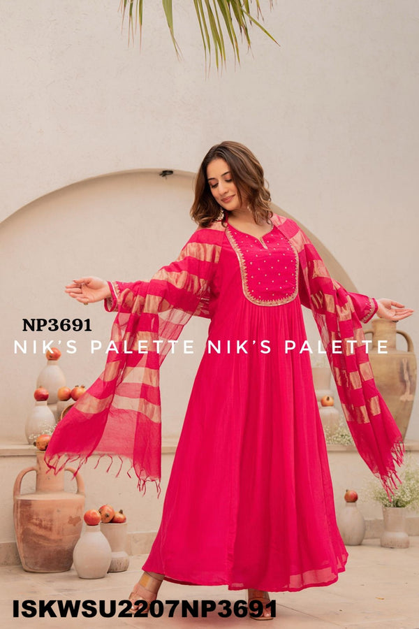 Embroidered Maslin Silk Anarkali Kurti With Pant And Zari Weaved Organza Dupatta-ISKWSU2207NP3691