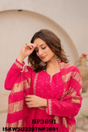 Embroidered Maslin Silk Anarkali Kurti With Pant And Zari Weaved Organza Dupatta-ISKWSU2207NP3691