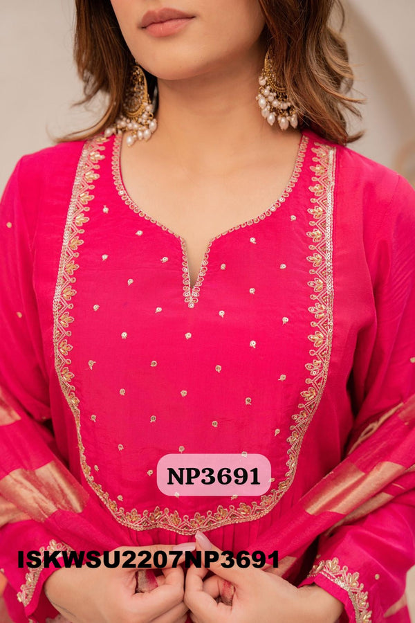 Embroidered Maslin Silk Anarkali Kurti With Pant And Zari Weaved Organza Dupatta-ISKWSU2207NP3691