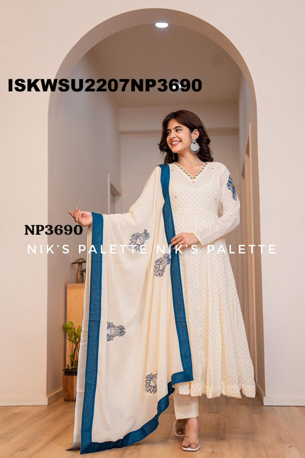 Embroidered Malmal Cotton Anarkali Kurti With Pant And Dupatta-ISKWSU2207NP3690