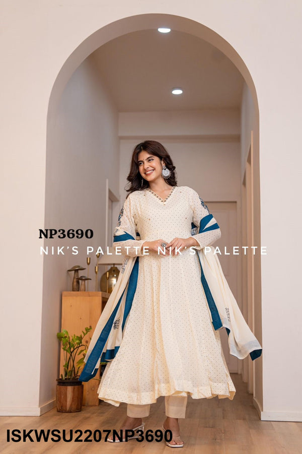 Embroidered Malmal Cotton Anarkali Kurti With Pant And Dupatta-ISKWSU2207NP3690