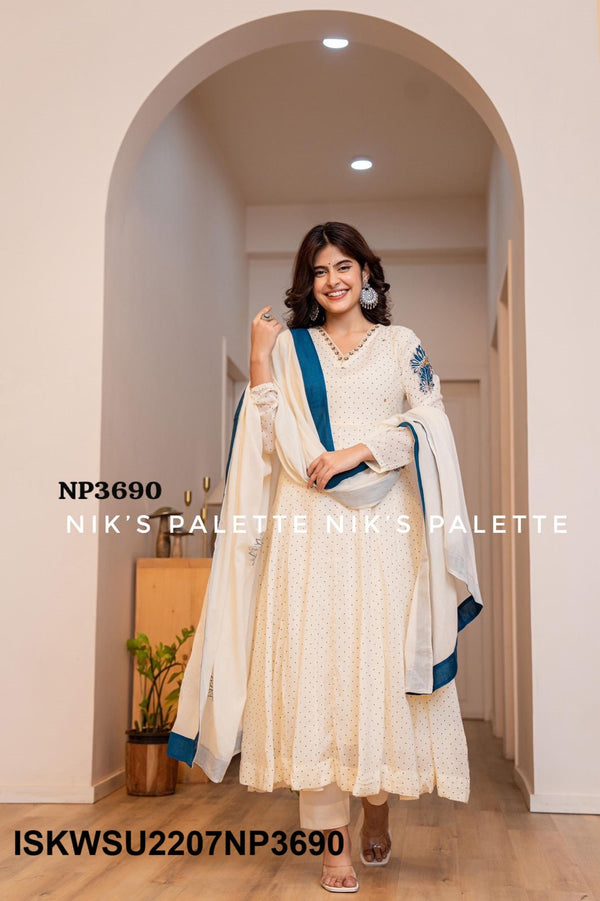 Embroidered Malmal Cotton Anarkali Kurti With Pant And Dupatta-ISKWSU2207NP3690