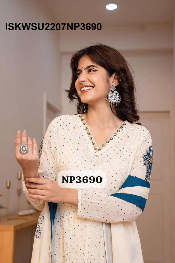 Embroidered Malmal Cotton Anarkali Kurti With Pant And Dupatta-ISKWSU2207NP3690