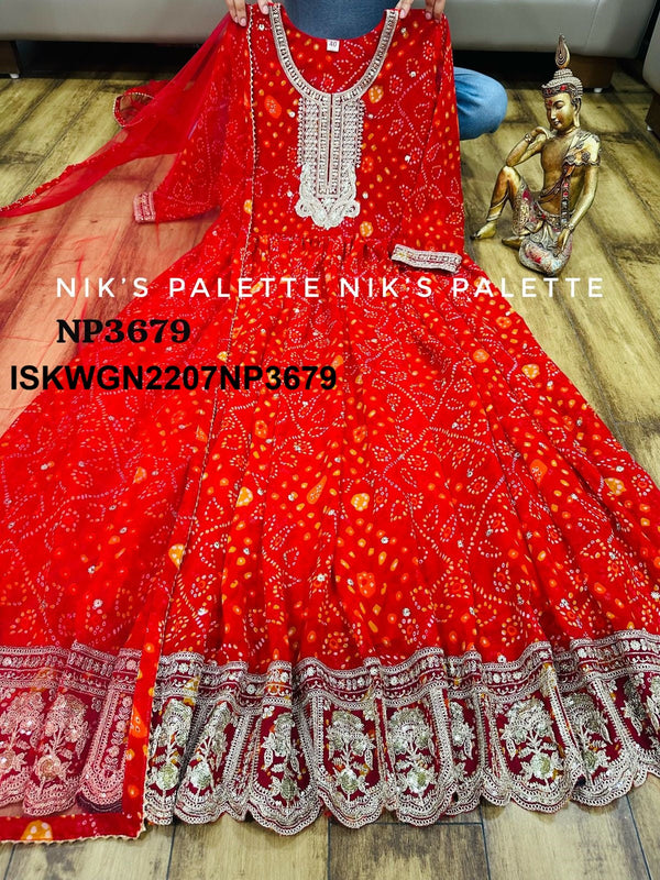 Bandhani Printed Viscose Georgette Gown With Net Dupatta-ISKWGN2207NP3679