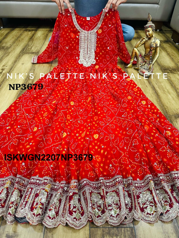 Bandhani Printed Viscose Georgette Gown With Net Dupatta-ISKWGN2207NP3679