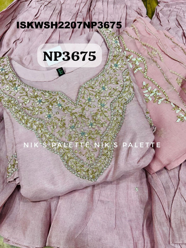 Embroidered Silk Kurti With Sharara And Organza Dupatta-ISKWSH2207NP3675