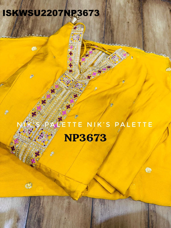 Embroidered Maslin Silk Front Slit Anarkali Kurti With Pant And Chiffon Dupatta-ISKWSU2207NP3673