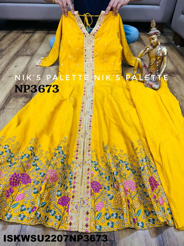 Embroidered Maslin Silk Front Slit Anarkali Kurti With Pant And Chiffon Dupatta-ISKWSU2207NP3673