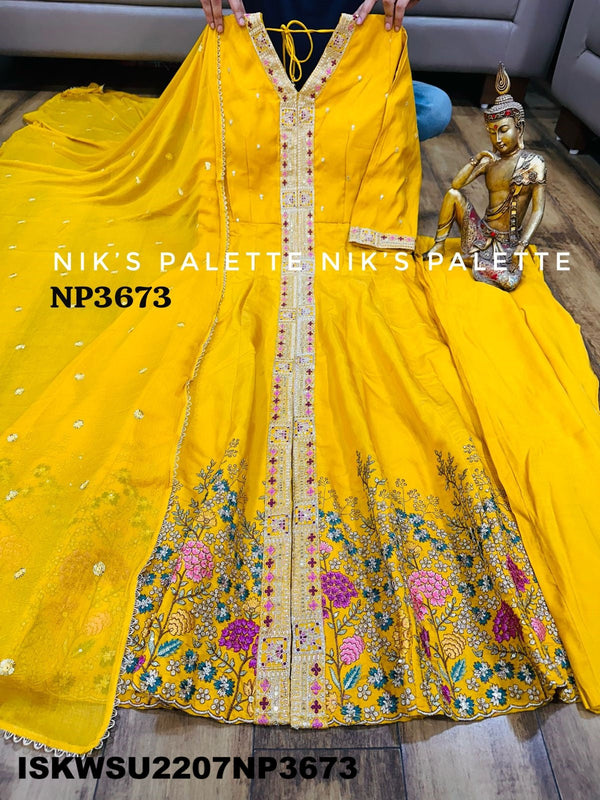 Embroidered Maslin Silk Front Slit Anarkali Kurti With Pant And Chiffon Dupatta-ISKWSU2207NP3673