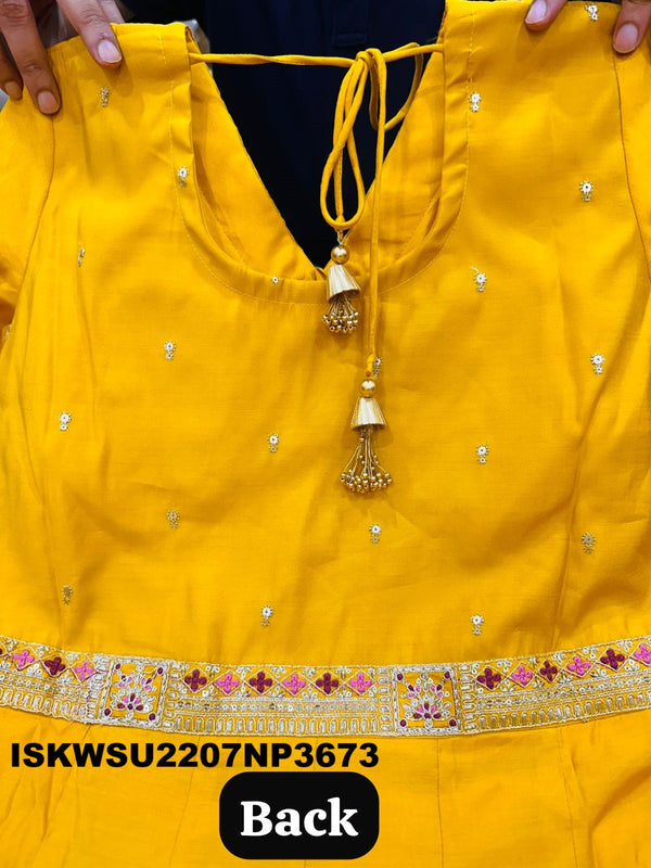 Embroidered Maslin Silk Front Slit Anarkali Kurti With Pant And Chiffon Dupatta-ISKWSU2207NP3673