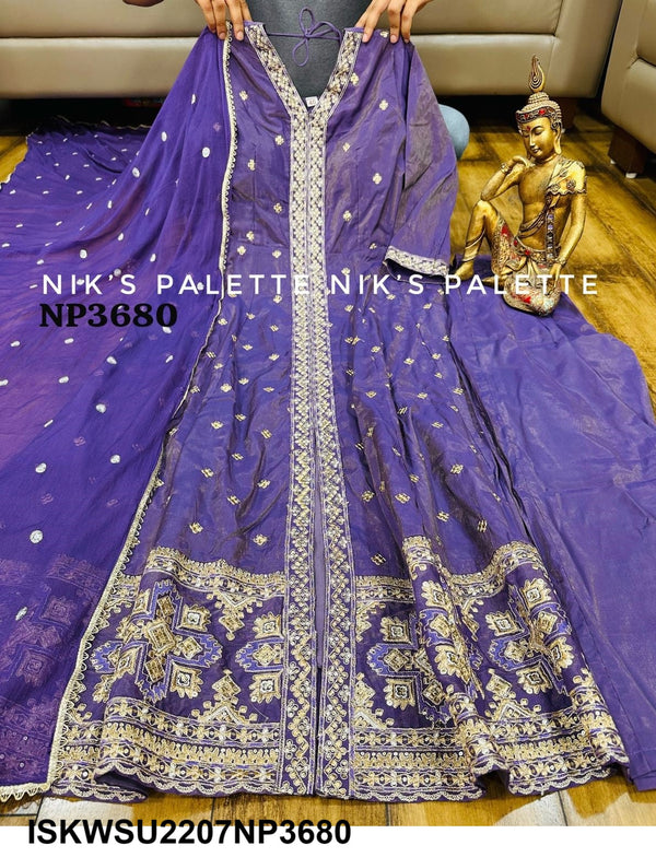 Embroidered Tissue Silk Front Slit Anarkali Kurti With Pant And Sequined Dupatta-ISKWSU2207NP3680