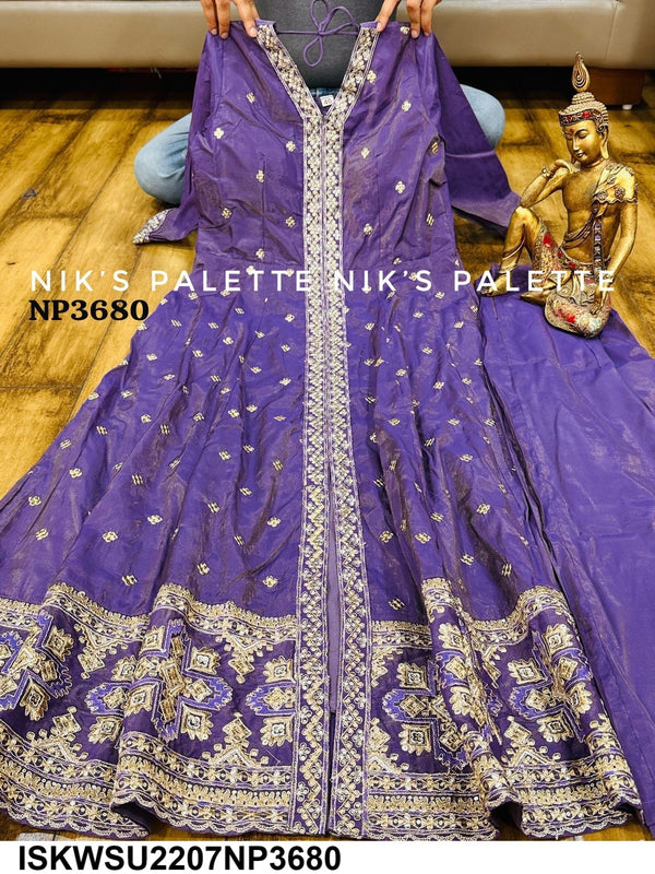 Embroidered Tissue Silk Front Slit Anarkali Kurti With Pant And Sequined Dupatta-ISKWSU2207NP3680