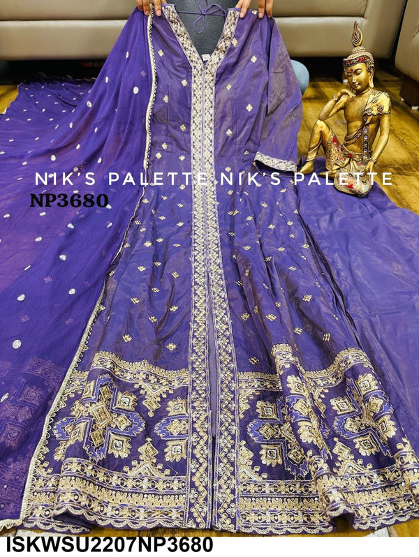 Embroidered Tissue Silk Front Slit Anarkali Kurti With Pant And Sequined Dupatta-ISKWSU2207NP3680