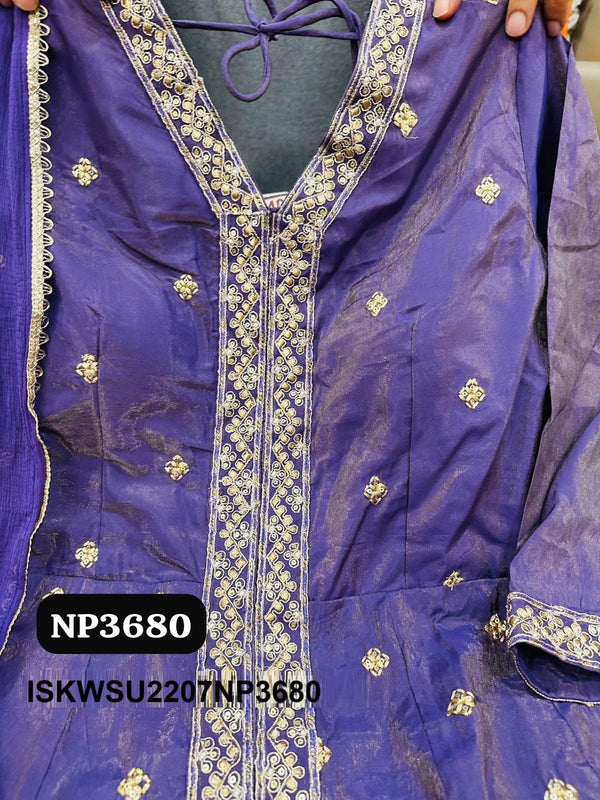 Embroidered Tissue Silk Front Slit Anarkali Kurti With Pant And Sequined Dupatta-ISKWSU2207NP3680