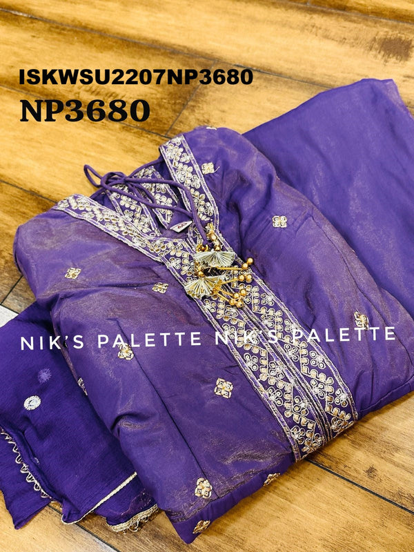 Embroidered Tissue Silk Front Slit Anarkali Kurti With Pant And Sequined Dupatta-ISKWSU2207NP3680