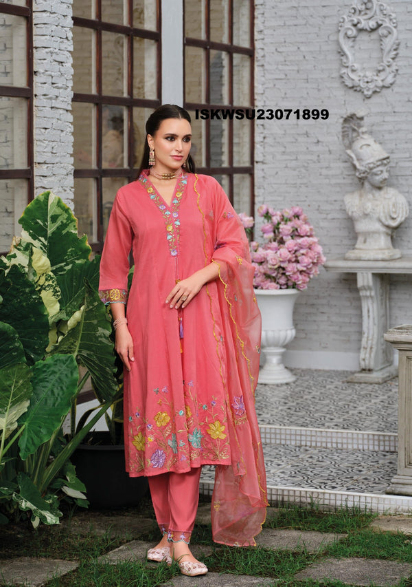 Embroidered Malmal Viscose Chanderi Kurti With Maslin Pant And Organza Dupatta-ISKWSU23071899