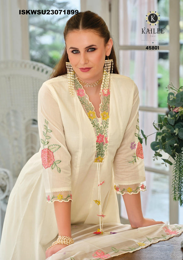 Embroidered Malmal Viscose Chanderi Kurti With Maslin Pant And Organza Dupatta-ISKWSU23071899