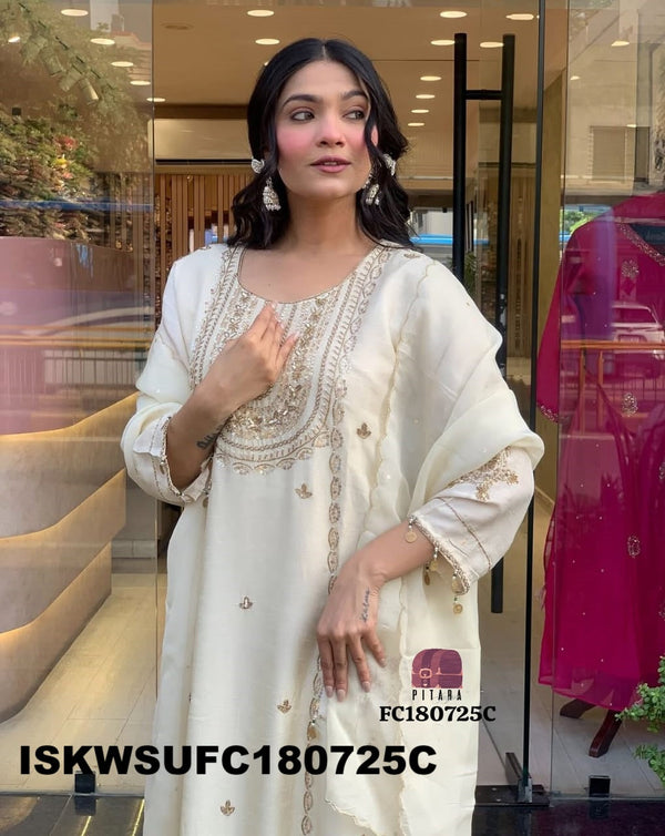 Embroidered Dola Silk Kurti With Silk Pant And Organza Dupatta-ISKWSUFC180725C