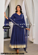 Sequined Malmal Cotton Anarkali Kurti With Pant And Dupatta-ISKWSU2307NP3688/87/86