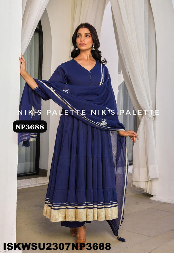 Sequined Malmal Cotton Anarkali Kurti With Pant And Dupatta-ISKWSU2307NP3688/87/86