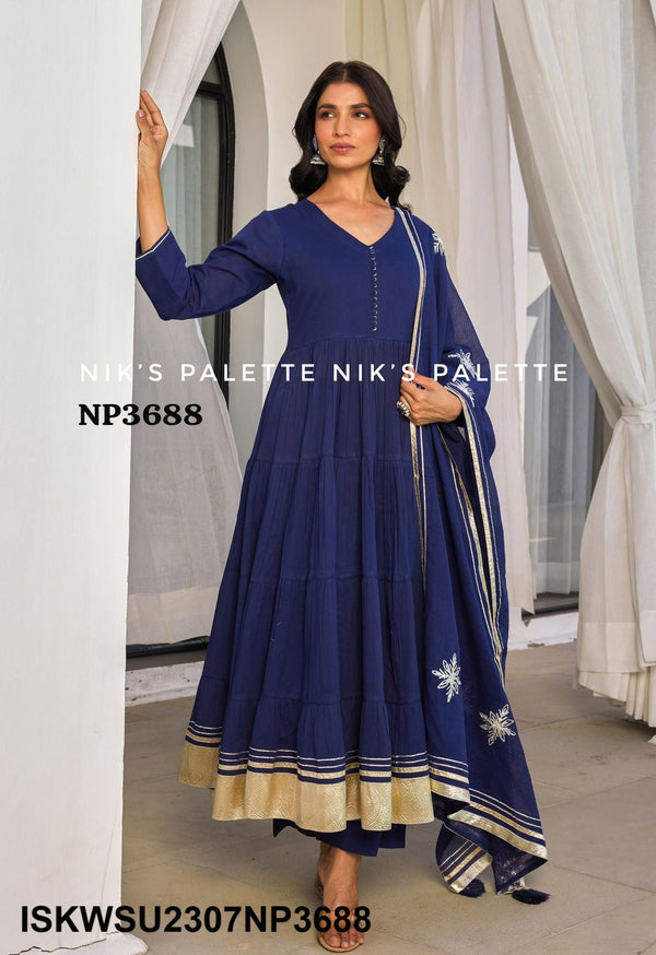 Sequined Malmal Cotton Anarkali Kurti With Pant And Dupatta-ISKWSU2307NP3688/87/86