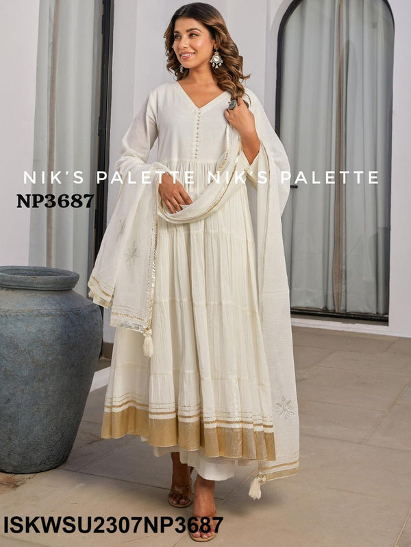 Sequined Malmal Cotton Anarkali Kurti With Pant And Dupatta-ISKWSU2307NP3688/87/86