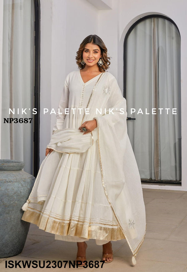Sequined Malmal Cotton Anarkali Kurti With Pant And Dupatta-ISKWSU2307NP3688/87/86