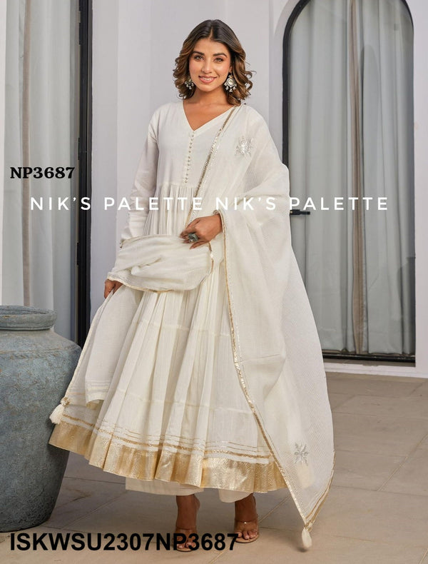 Sequined Malmal Cotton Anarkali Kurti With Pant And Dupatta-ISKWSU2307NP3688/87/86
