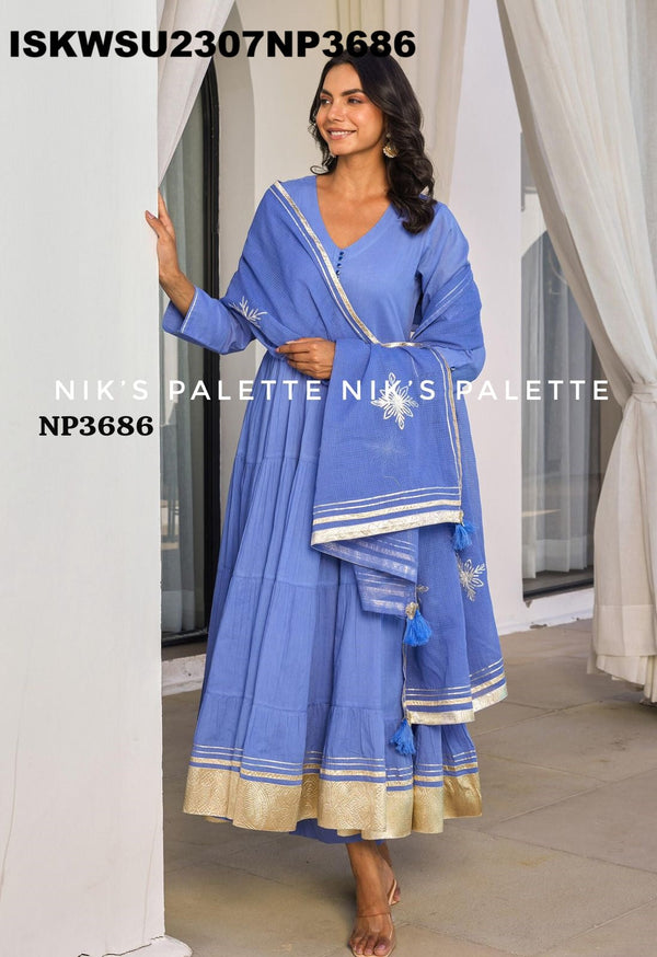 Sequined Malmal Cotton Anarkali Kurti With Pant And Dupatta-ISKWSU2307NP3688/87/86