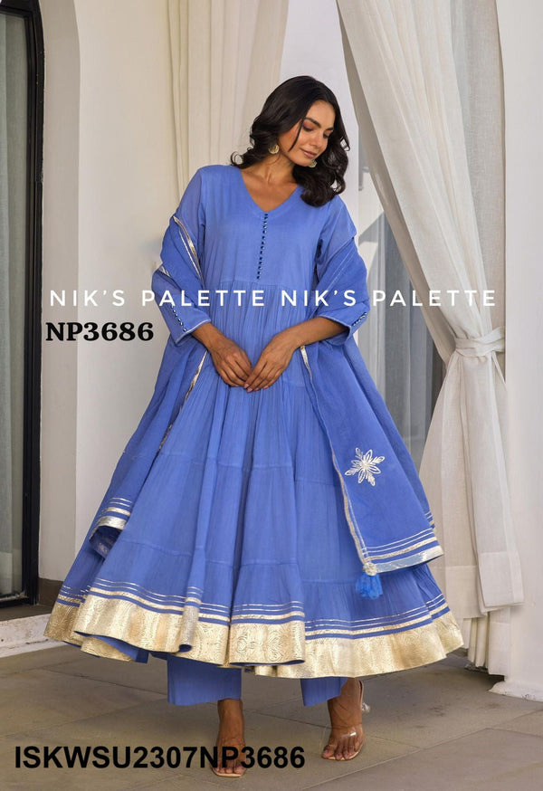 Sequined Malmal Cotton Anarkali Kurti With Pant And Dupatta-ISKWSU2307NP3688/87/86