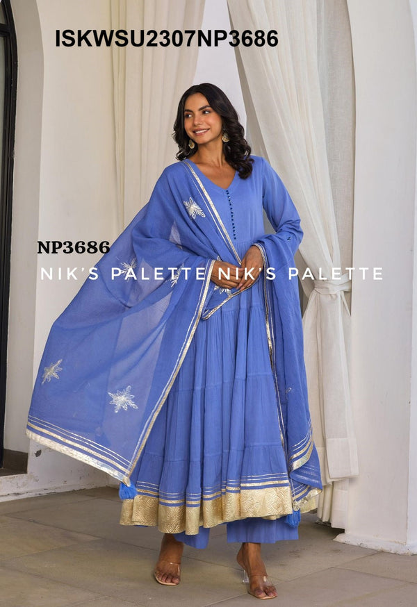 Sequined Malmal Cotton Anarkali Kurti With Pant And Dupatta-ISKWSU2307NP3688/87/86