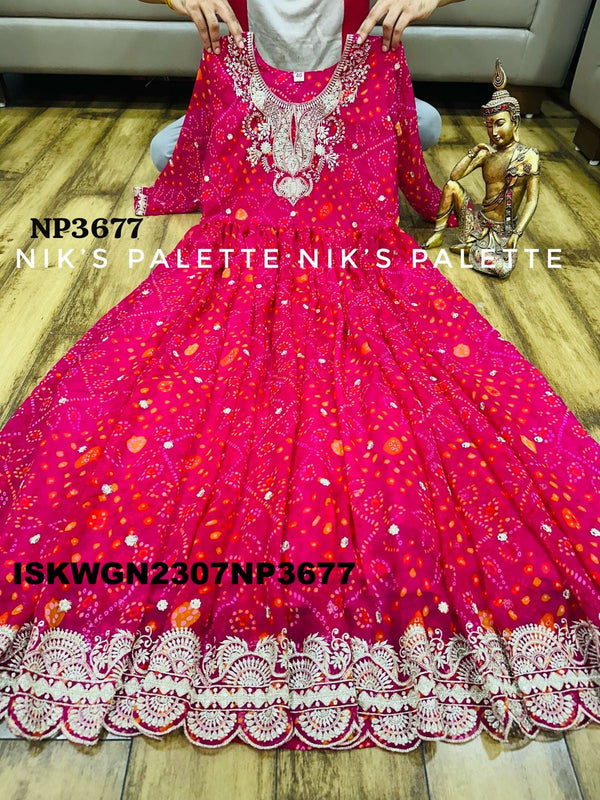 Bandhani Printed Viscose Georgette Gown With Net Dupatta-ISKWGN2307NP3677