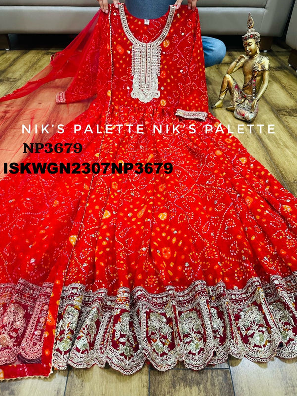 Bandhani Printed Viscose Georgette Gown With Net Dupatta-ISKWGN2307NP3679