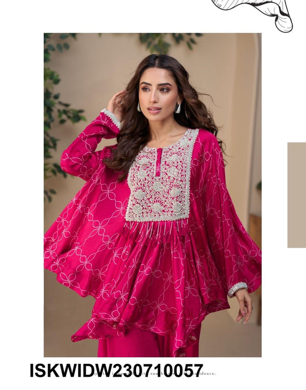 Printed Chinon Poncho Top With Palazzo-ISKWIDW230710057