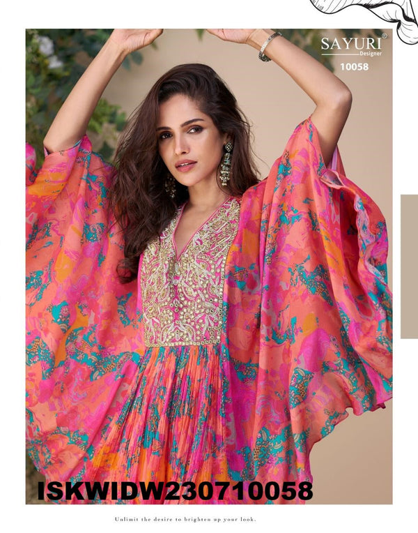 Printed Chinon Poncho Top With Palazzo-ISKWIDW230710058
