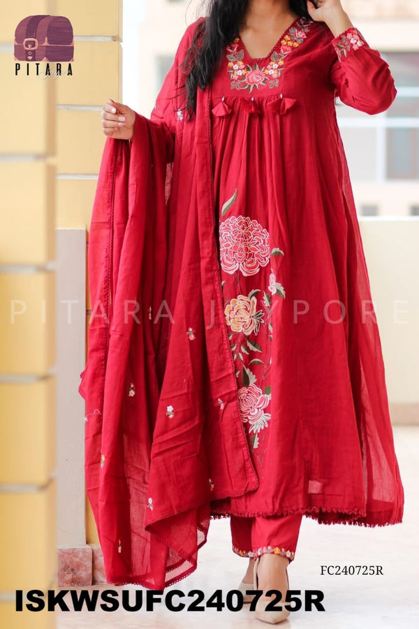 Embroidered Malmal Cotton Flared Kurti With Cotton Pant And Dupatta-ISKWSUFC240725R