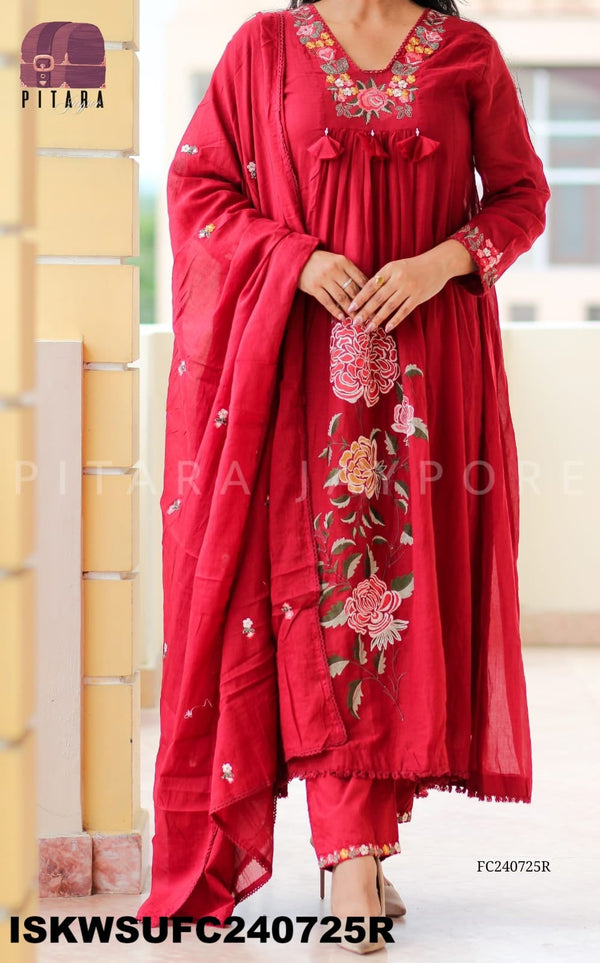 Embroidered Malmal Cotton Flared Kurti With Cotton Pant And Dupatta-ISKWSUFC240725R