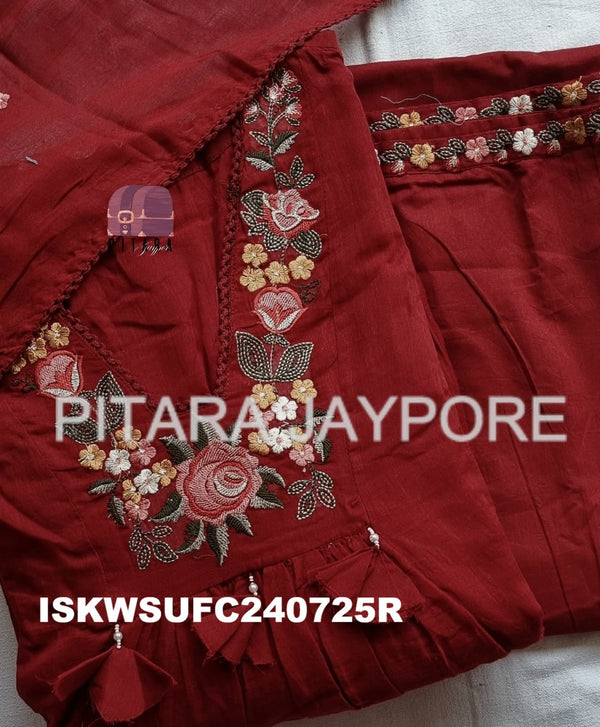 Embroidered Malmal Cotton Flared Kurti With Cotton Pant And Dupatta-ISKWSUFC240725R
