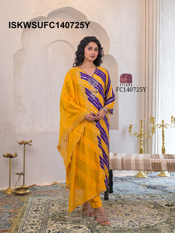 Lehariya Printed Maslin Kurti With Silk Pant And Dupatta-ISKWSUFC140725P/FC140725Y