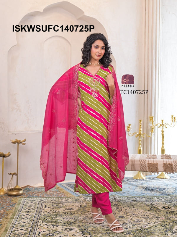 Lehariya Printed Maslin Kurti With Silk Pant And Dupatta-ISKWSUFC140725P/FC140725Y