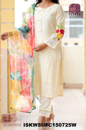 Embroidered Malmal Cotton Kurti With Cotton Pant And Digital Printed Chiffon Dupatta-ISKWSUFC150725W