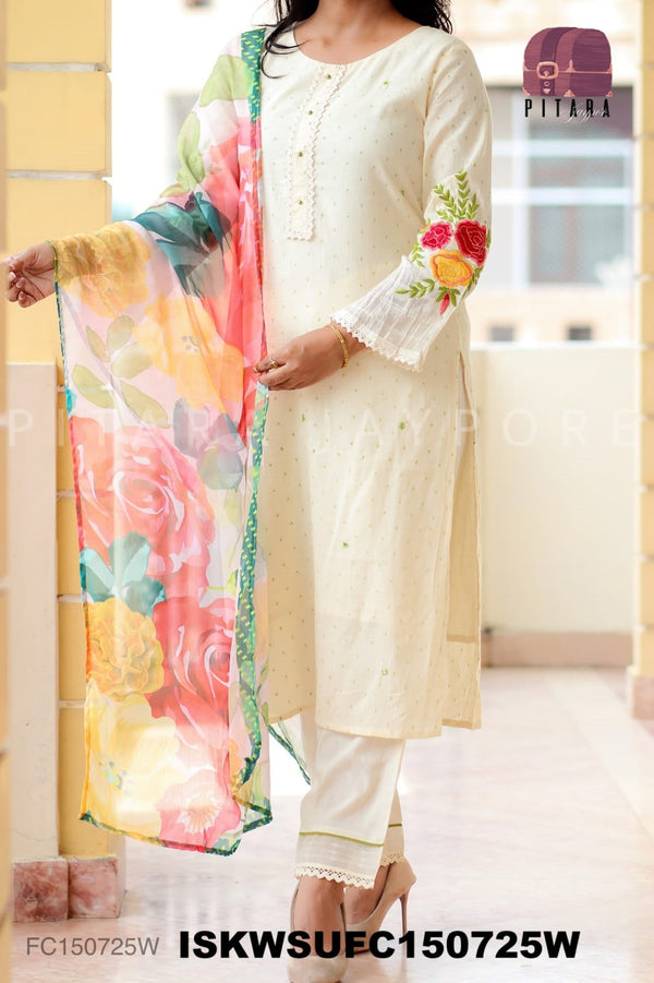 Embroidered Malmal Cotton Kurti With Cotton Pant And Digital Printed Chiffon Dupatta-ISKWSUFC150725W