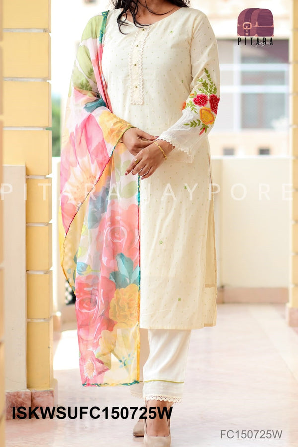 Embroidered Malmal Cotton Kurti With Cotton Pant And Digital Printed Chiffon Dupatta-ISKWSUFC150725W