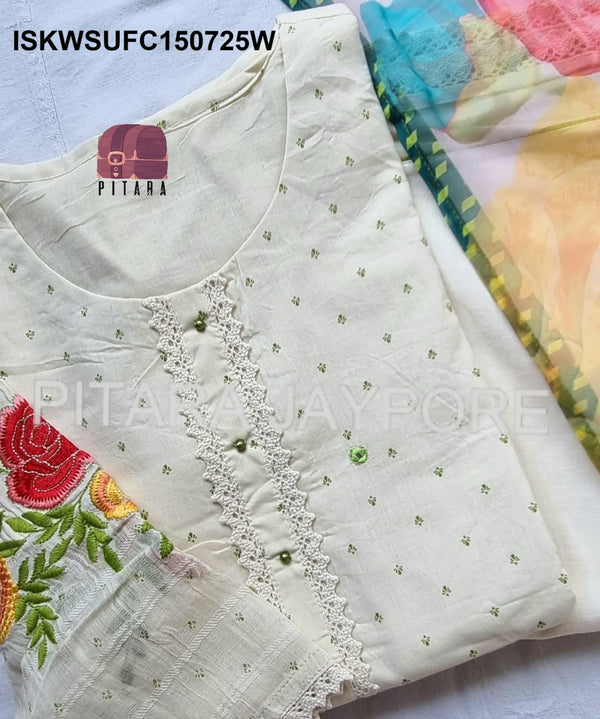 Embroidered Malmal Cotton Kurti With Cotton Pant And Digital Printed Chiffon Dupatta-ISKWSUFC150725W