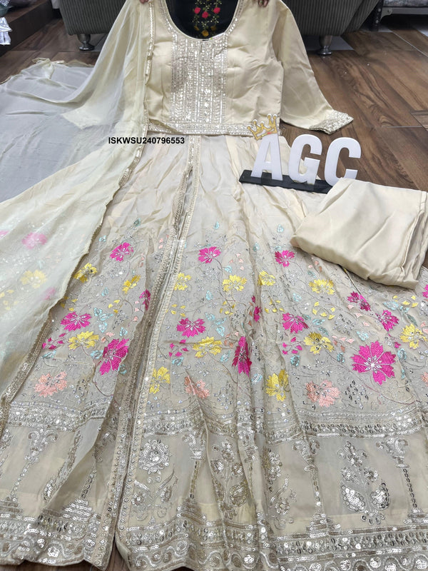 Embroidered Tissue Silk Front Slit Kurti With Pant And Chiffon Dupatta-ISKWSU240796553