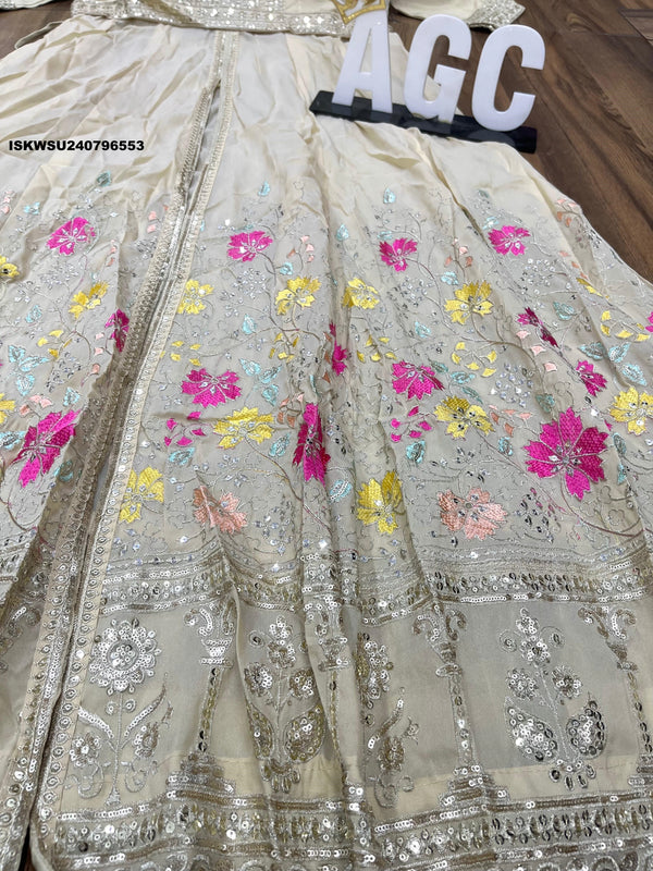 Embroidered Tissue Silk Front Slit Kurti With Pant And Chiffon Dupatta-ISKWSU240796553