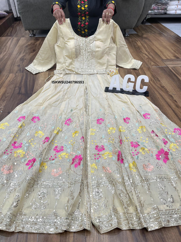 Embroidered Tissue Silk Front Slit Kurti With Pant And Chiffon Dupatta-ISKWSU240796553